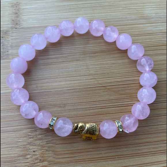 Hand Crafted Jewelry - Rose Quartz Beads Gold Elephant Charm Bracelet